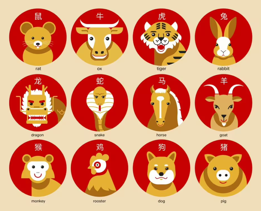 Chinesische Tierkreiszeichen, Chinesische astrologie, Chinesischer Tierkreis-Kalender 2023 bis 2031: Jahreszahlen mit Tierzeichen-Symbolen (Hase 2023, Drache 2024, Schlange 2025 etc.).